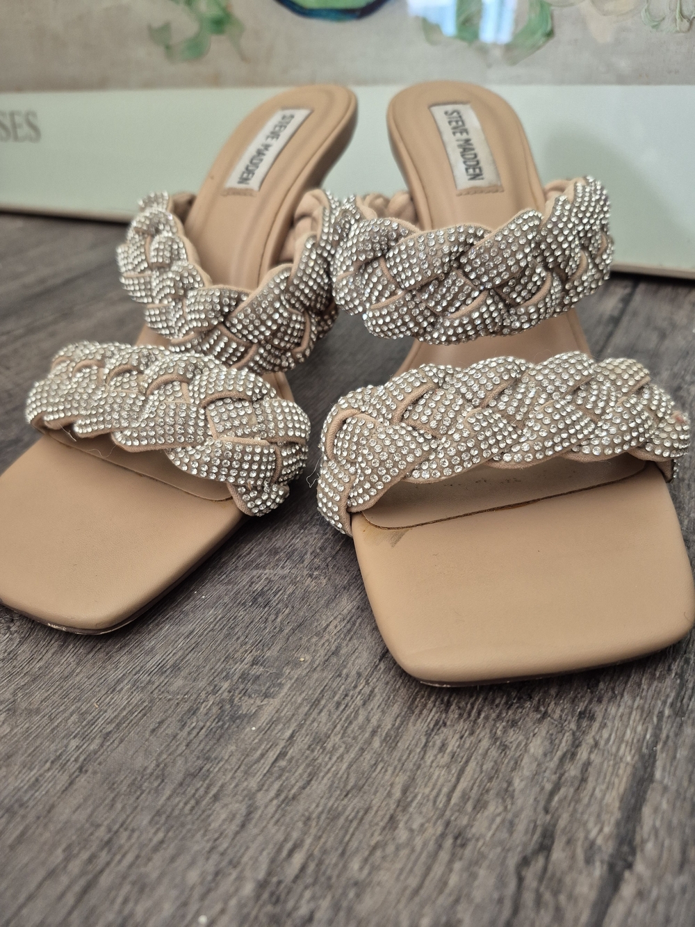 Steve Madden Beige Braided Crystal Strap Slide Heels - Picture 9 of 12